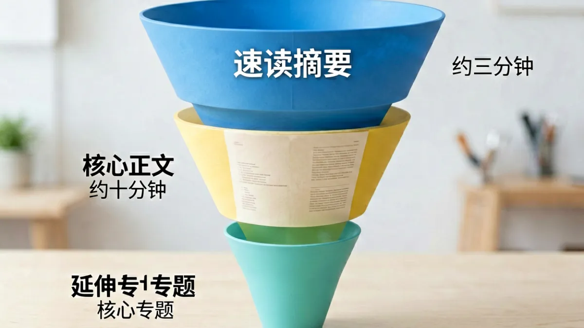 萝莉岛内容分层结构示意图，展示速读摘要、核心正文与延伸专题三层阅读路径的关系